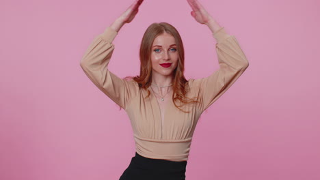 businesswoman girl playing childish catching up game, feeling in safe making hands roof above head