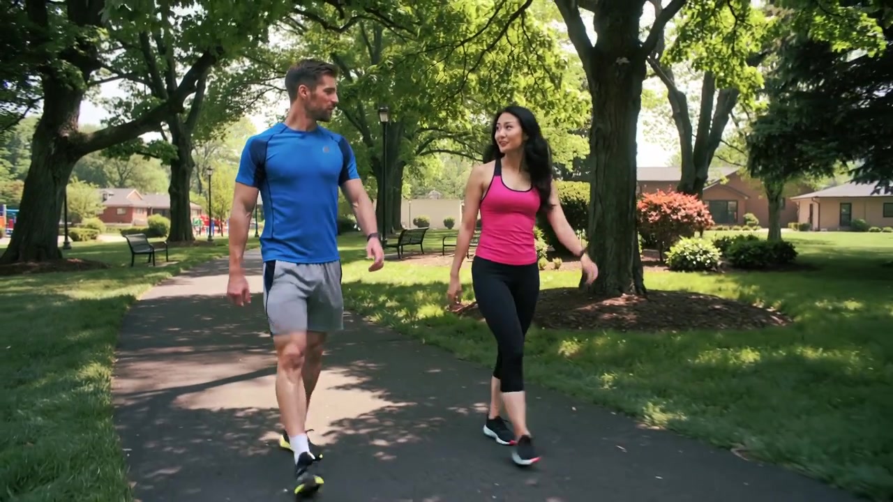 Comenzando a caminar para mantenerse en forma, una pareja camina por un sendero pavimentado del parque, compartiendo miradas y vistiendo ropa deportiva.