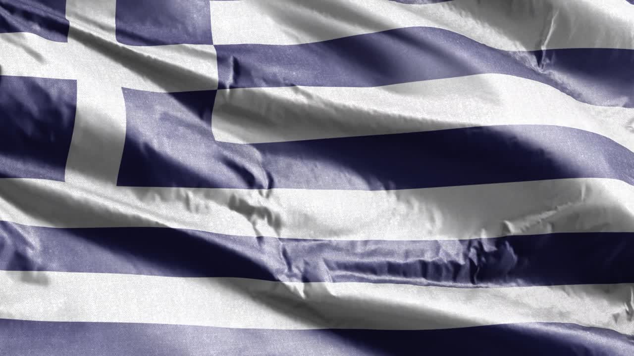 la bandera textil de grecia se agita lentamente en el bucle del viento. la bandera griega se balancea suavemente en la brisa. el tejido textil de la tela. el fondo de relleno completo. bucle de 20 segundos.