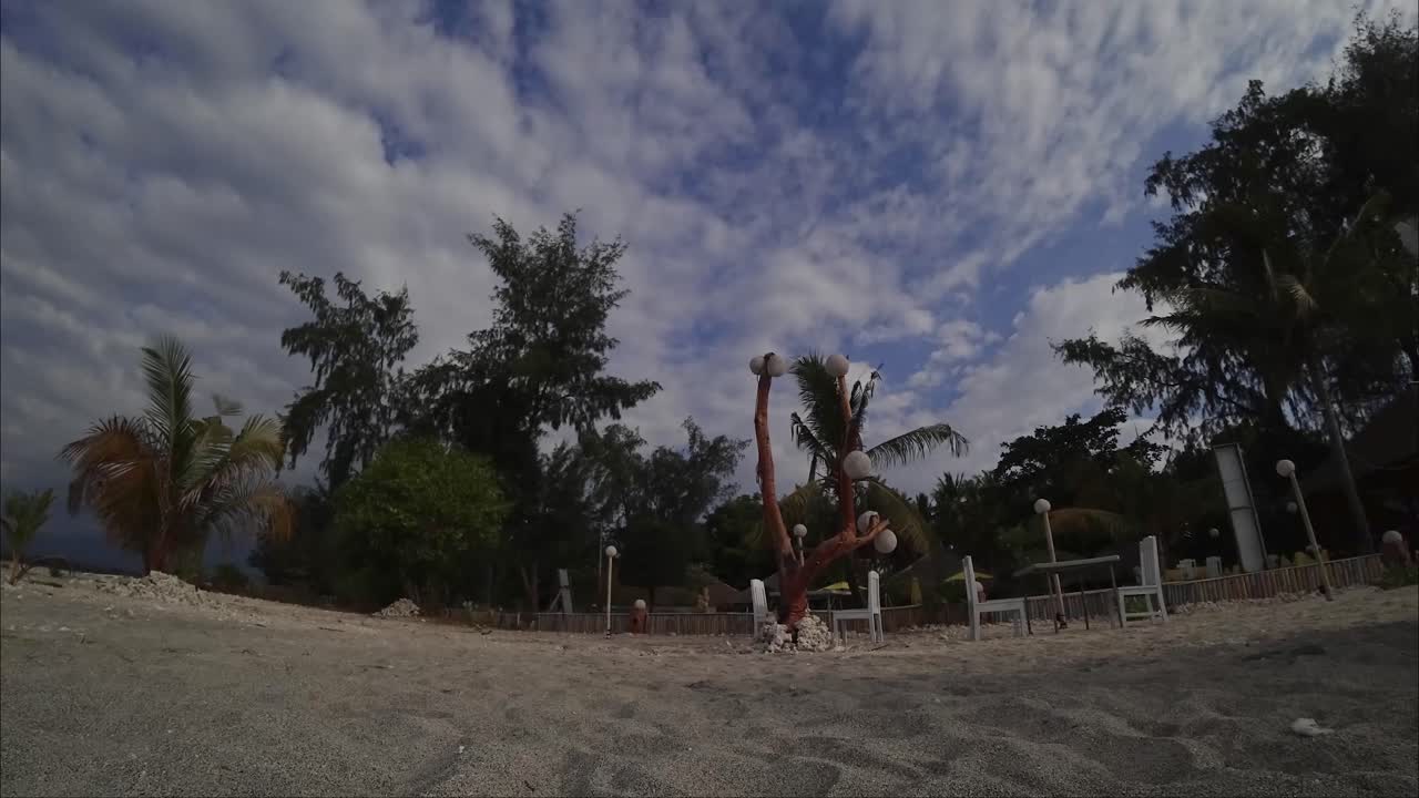 toma de ángulo bajo que muestra una playa de arena, palmeras y nubes en movimiento contra el cielo azul.