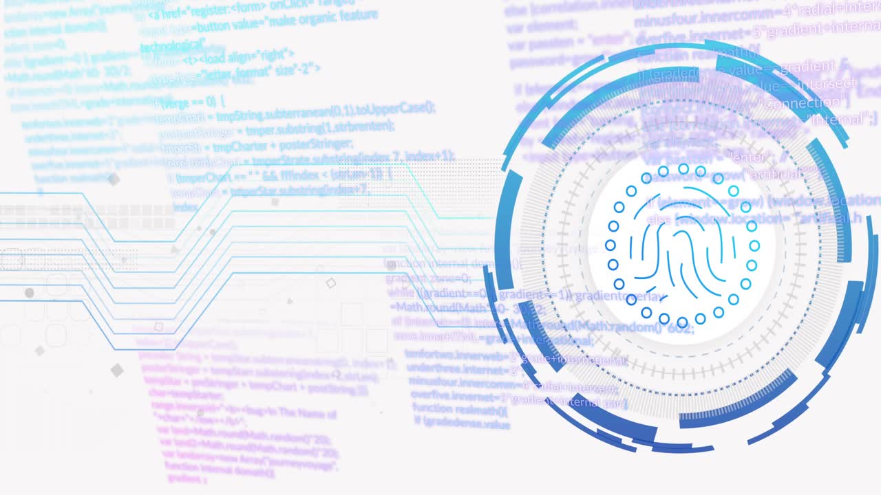 Abstract digital interface featuring circular HUD showing blue fingerprint icon with circuit lines
