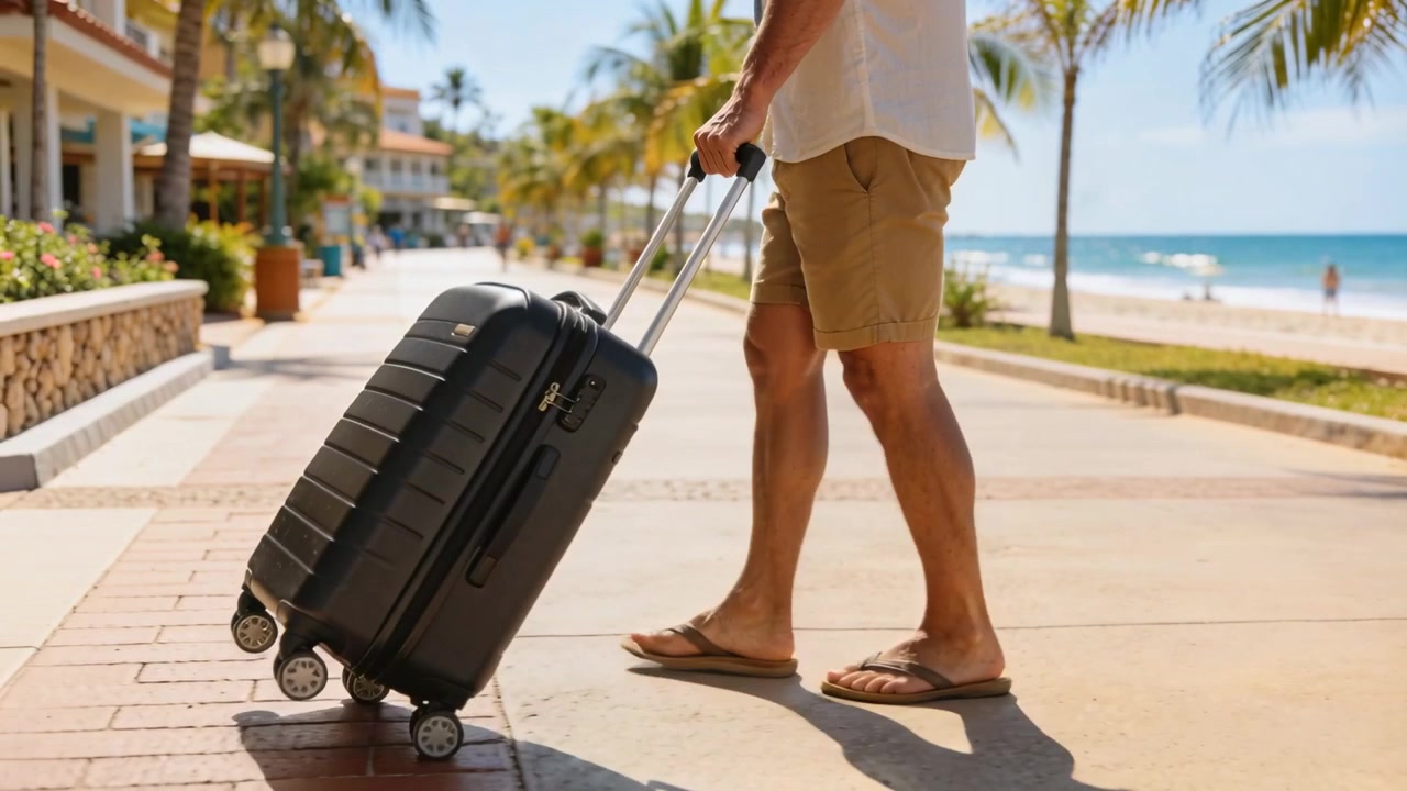 Viaggiatore in pantaloncini che cammina, trascinando una valigia nera lungo un sentiero sulla spiaggia dopo aver sollevato la valigia, verso l'alloggio.