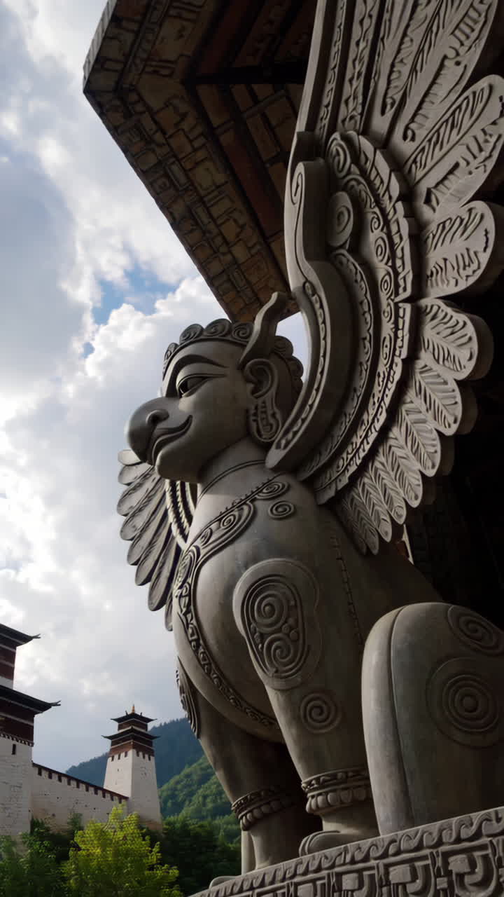 Ornate Stone Sculpture of a Mythological Creature in a Buddhist Temple