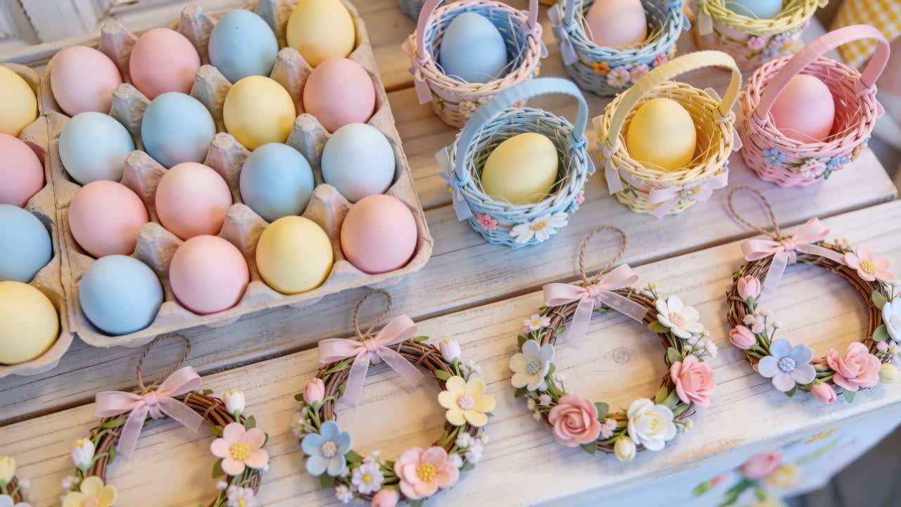 Panning cam revealing spring set on pale table, with pastel eggs, baskets, wreaths for display