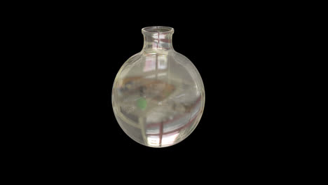 Animation-of-laboratory-glass-bottle-spinning-over-black-background