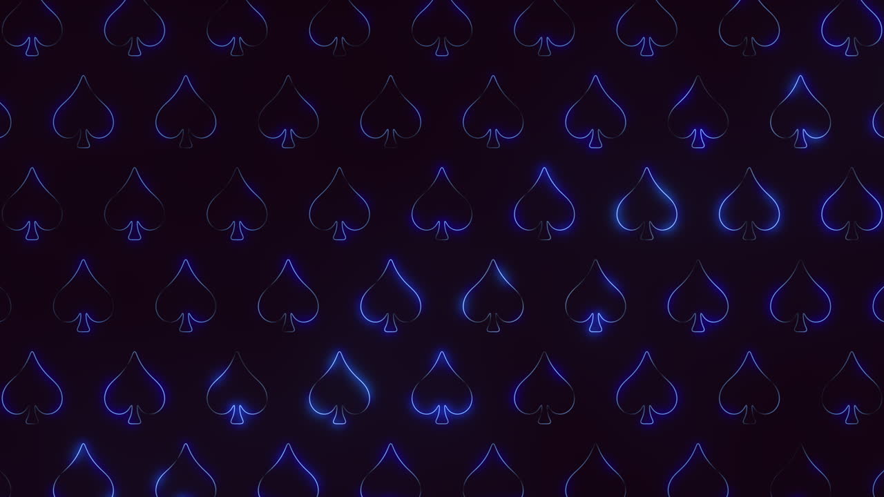 Symmetrical pattern of glowing blue spades on black background