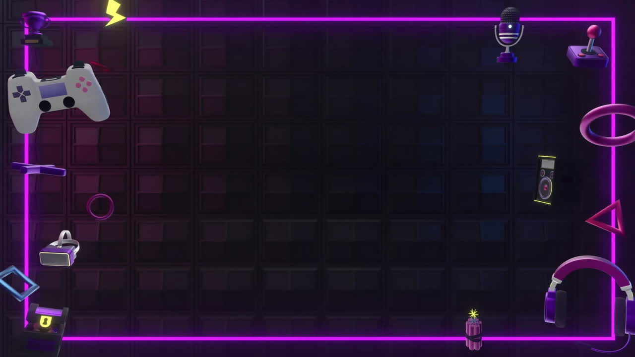 Animación de marco de neón con iconos y formas sobre fondo negro