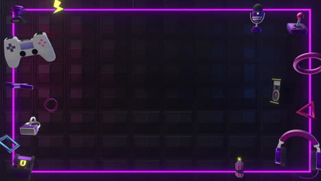 Animation of neon frame with icons and shapes on black background