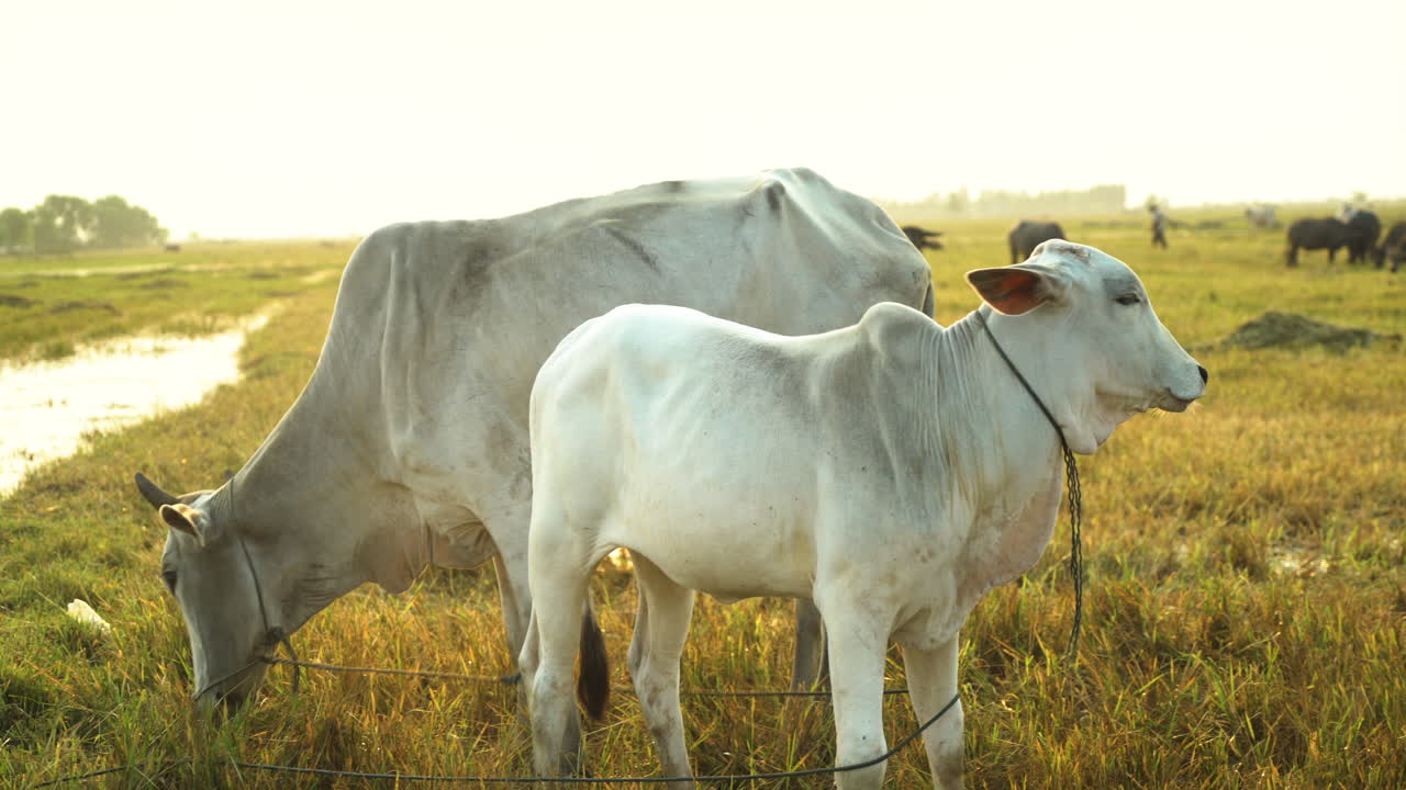 Bovini bianchi su un campo agricolo all'ora d'oro