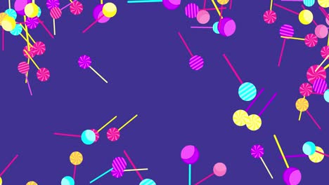 lollipops rotating and flying on violet background. multi-colored candies on a stick. horizontal composition, 4k video quality