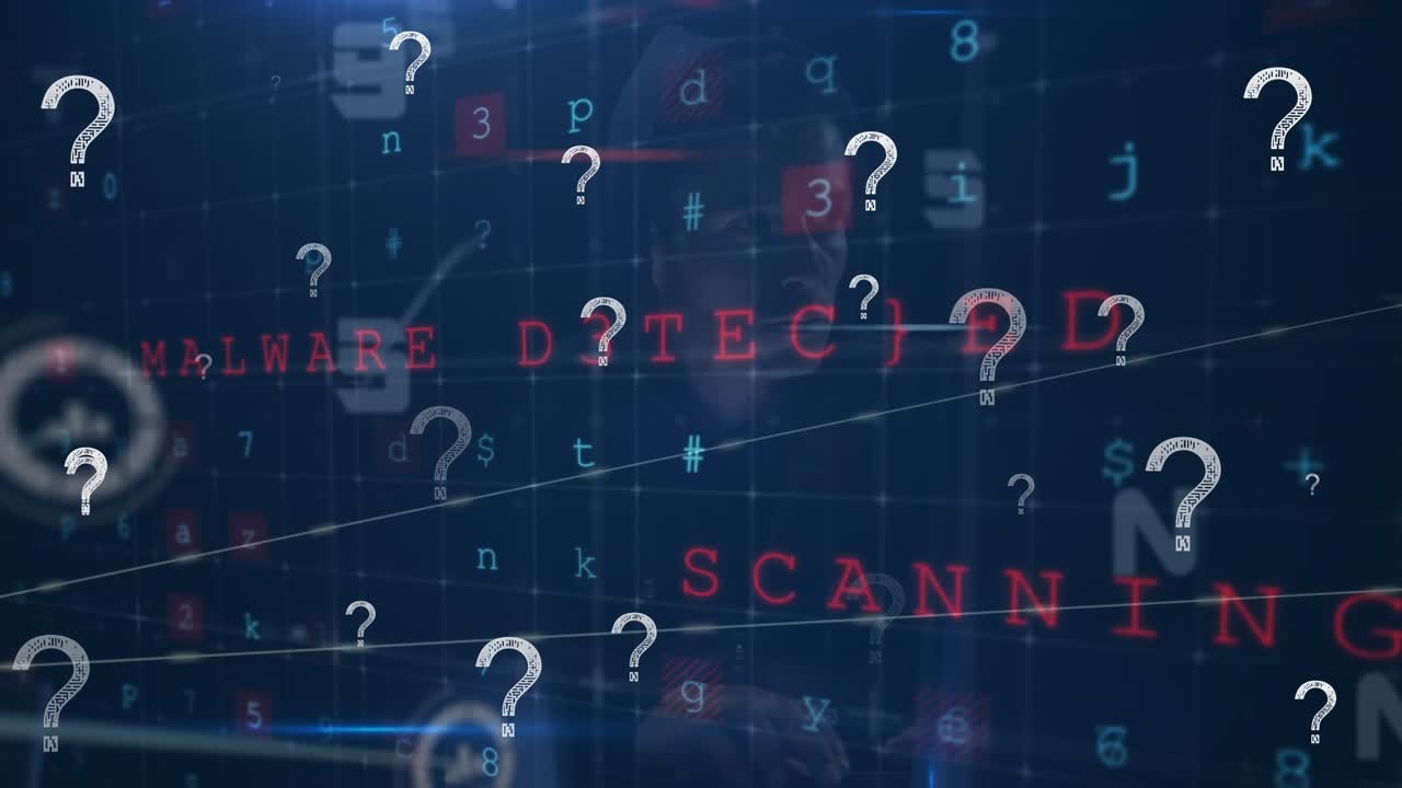 Network of digital icons and cyber security data processing over caucasian male hacker using laptop