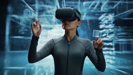 woman using vr headset in virtual environment