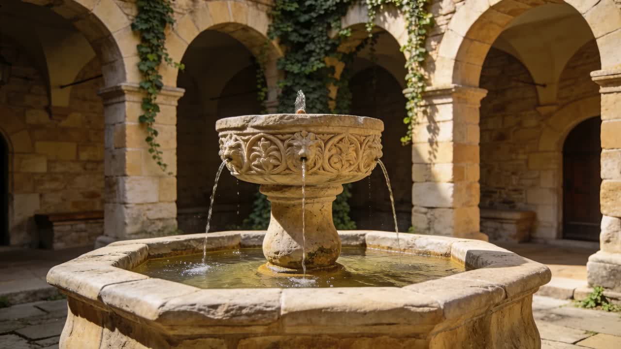 Fontana centrale zampillante che versa acqua dagli zampilli nella vasca di un chiostro, con zoom sui dettagli decorativi.