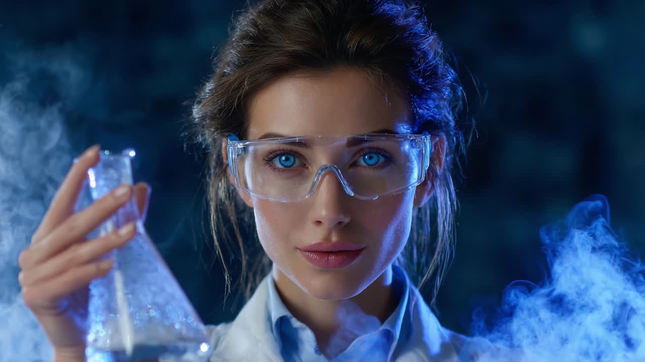 A focused scientist engages in captivating chemical experiments, showcasing expertise and a passion for discovery, as vibrant blue smoke swirls around her in an exhilarating laboratory setting