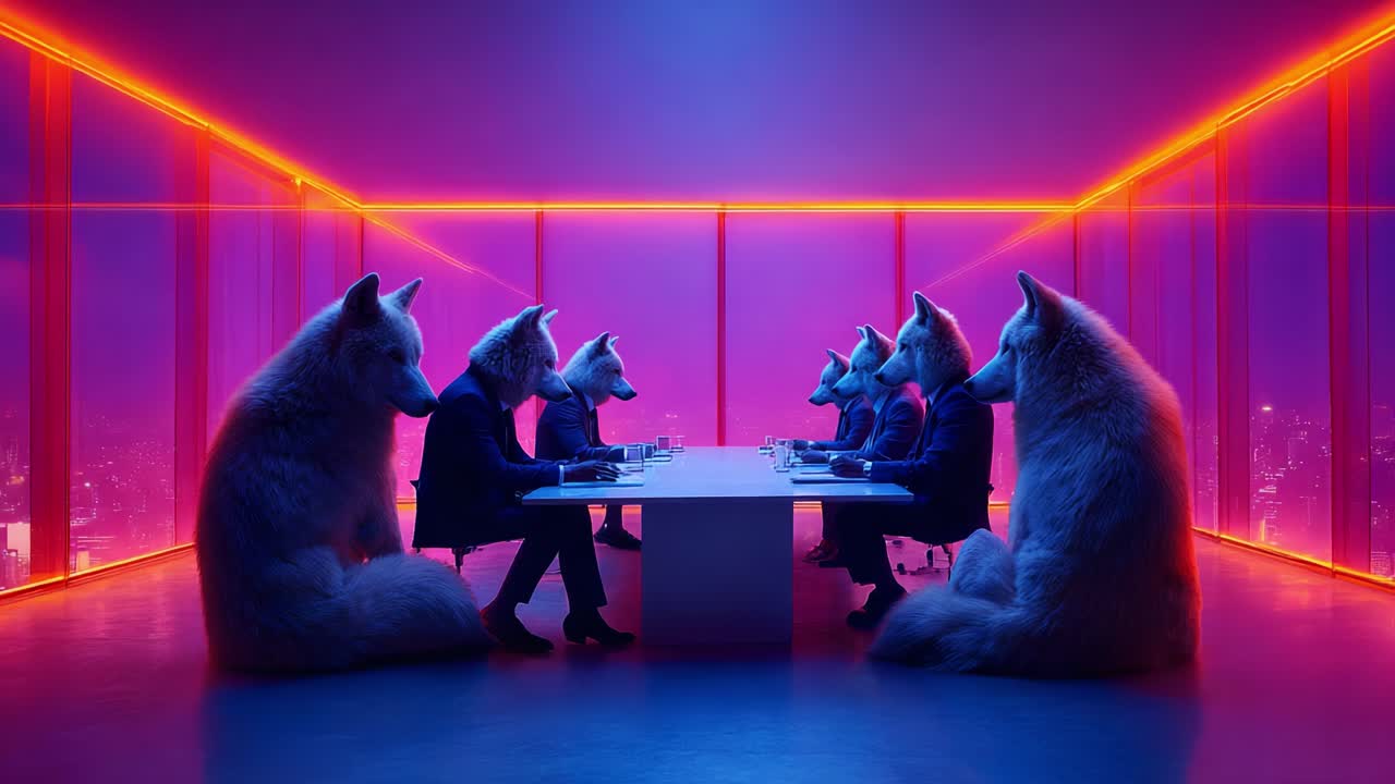 A surreal boardroom meeting featuring anthropomorphic wolves engaging in a serious discussion, illuminated by vibrant neon lighting, creating an atmosphere of intrigue and artistry