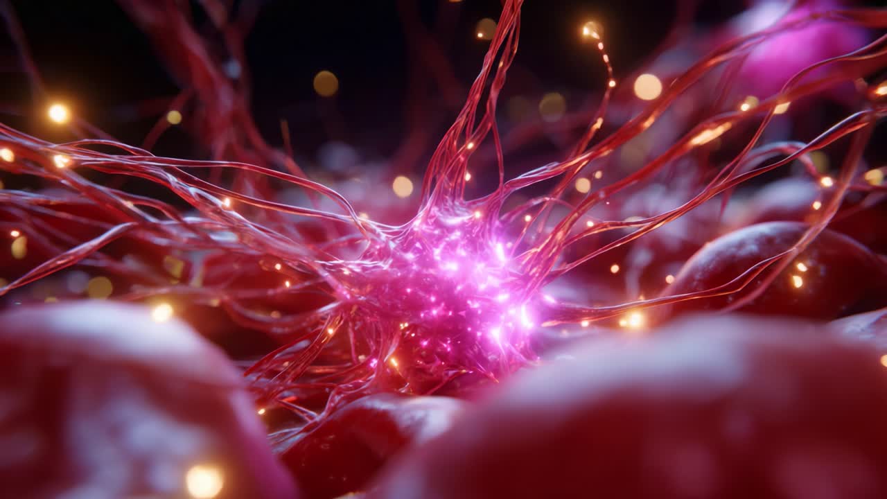 A Stunning Close-Up View of Bioluminescent Neurons with Glowing Fibers and Vibrant Colors Capturing the Intricacies of Neural Communication and Connectivity