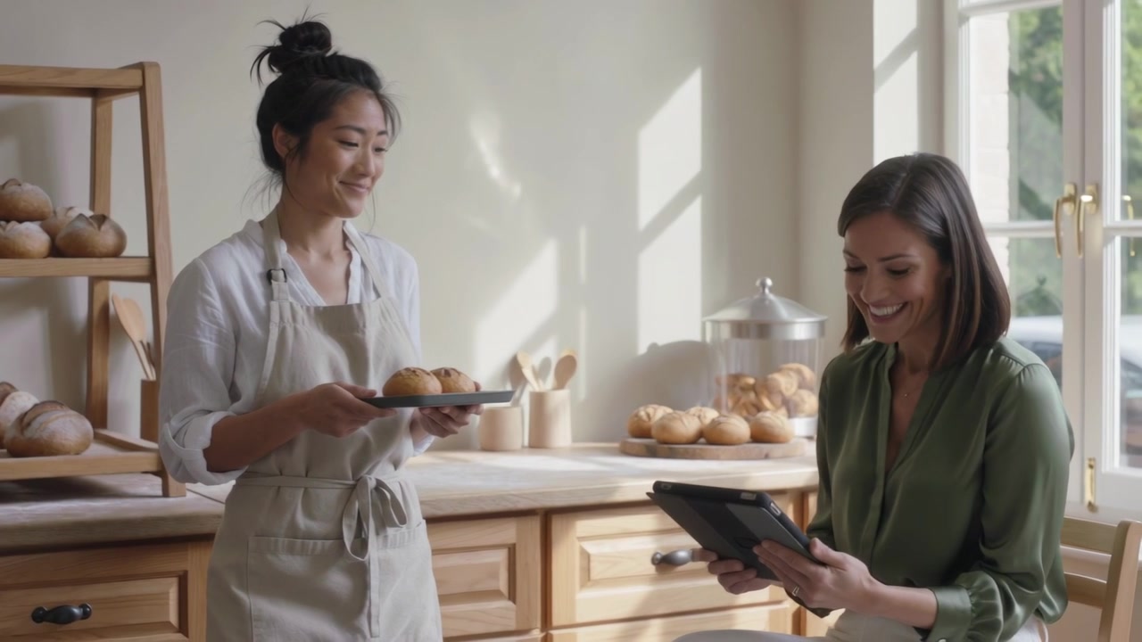Entering, aproned baker presenting plate of three pastries in bakery, offering customer with tablet