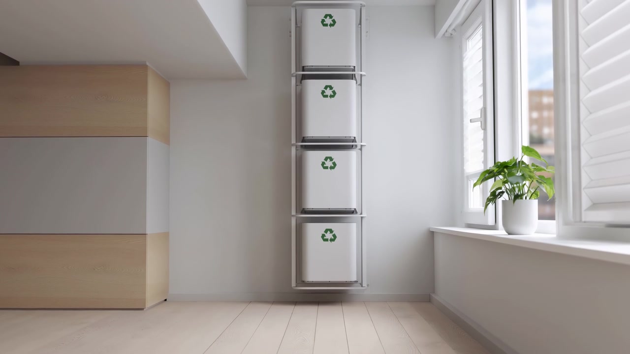 Slow upward camera movement reveals wall-mounted recycling containers in a metal frame, lit by soft daylight near white shutters, green houseplant, light wood storage, and clean flooring.