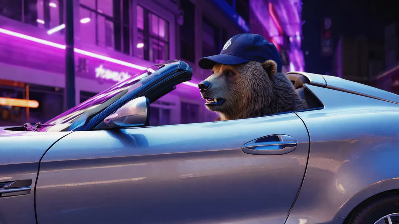 Bear driving a car at night in the city