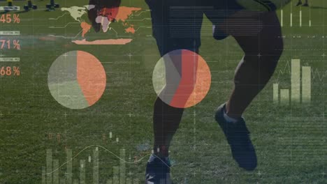 Animation-Der-Statistischen-Datenverarbeitung-über-Dem-Mittelteil-Eines-Männlichen-Fußballspielers,-Der-Mit-Fußball-Jongliert