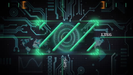 futuristic circuit board and data visualization animation over digital world map