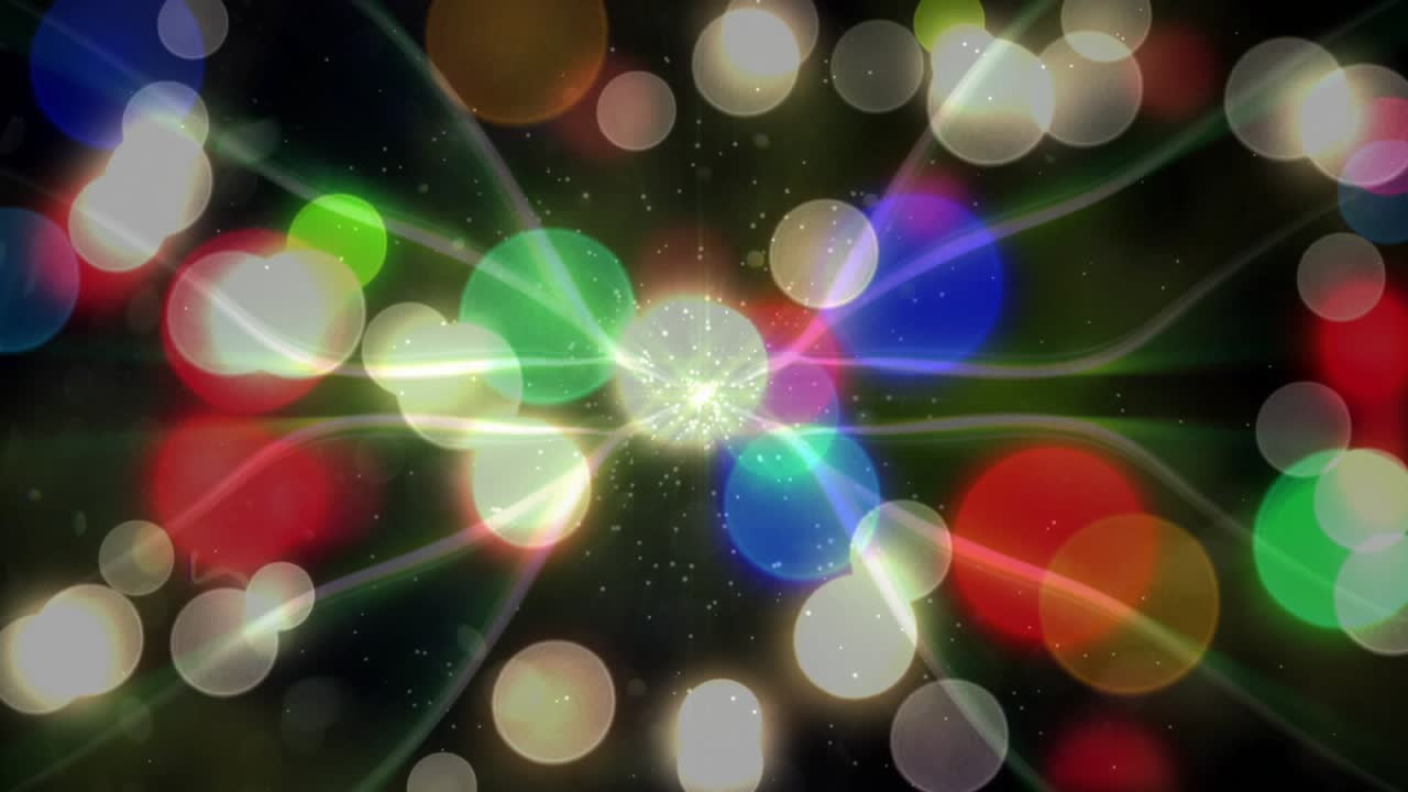 Core cluster initiating beams pulsing while orbs drifting outward and sparks floating and looping