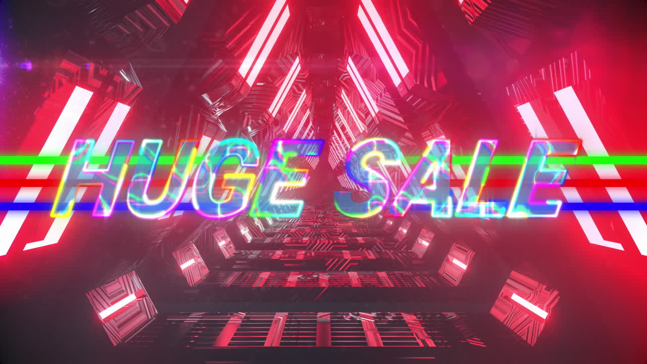 무 ⁇  없는 패턴의 네온 빨간 터널에 대한 거대한 판매 텍스트 배너 위의 번개 효과의 애니메이션