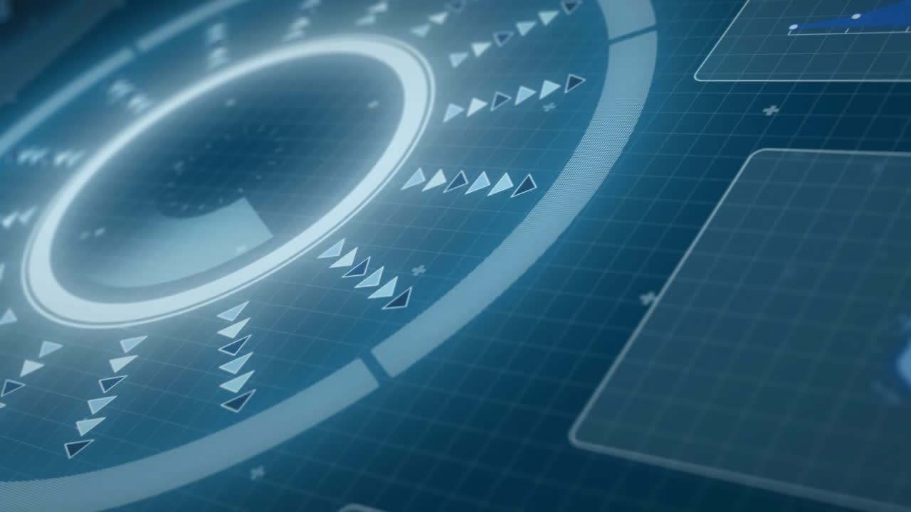 어두운 배경으로 인터페이스에 차트와 함께 원형 스캐너 처리의 애니메이션