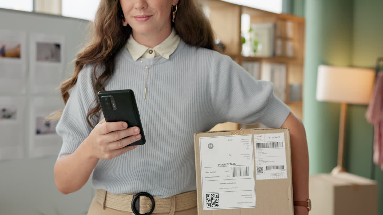Woman holds a package and a mobile phone