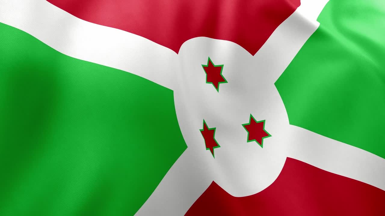 Realistic waving flag of Burundi, cross, green, red fields, three stars. East African nation symbol, Gitega, patriotism, Burundi