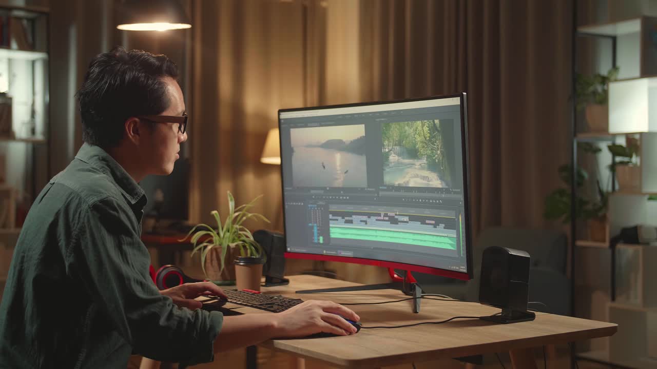 Tired Asian Male Video Editor Works With Footage And Sound On His Personal Computer, He Works Late At Night