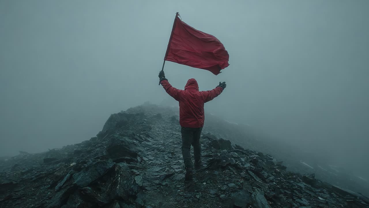 A lone figure stands atop a rocky peak amidst thick fog, proudly waving a vibrant red flag, symbolizing courage and resilience in the face of nature's challenges