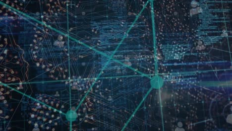 animation of computer circuit board over data processing and network of connections