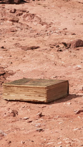 an old, worn book lies abandoned in the desert