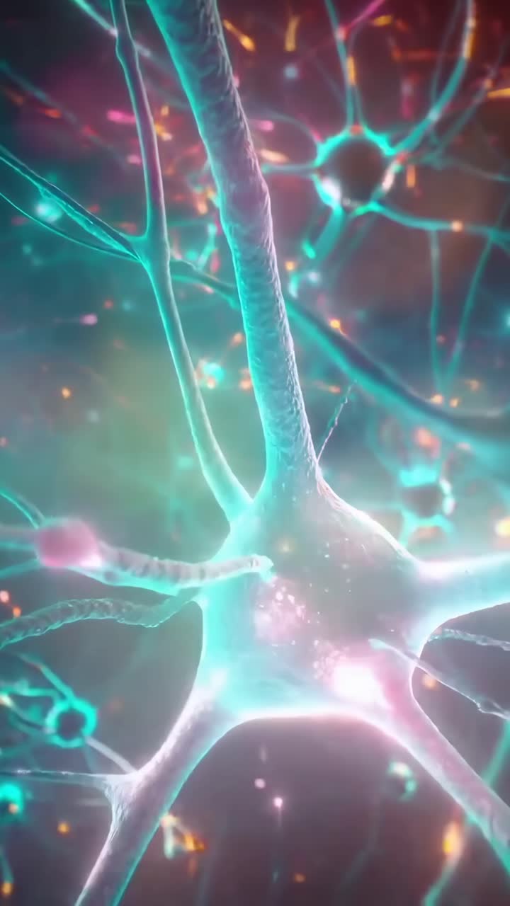 Close-up video of glowing neurons in a neural network, viewed from a dynamic angle