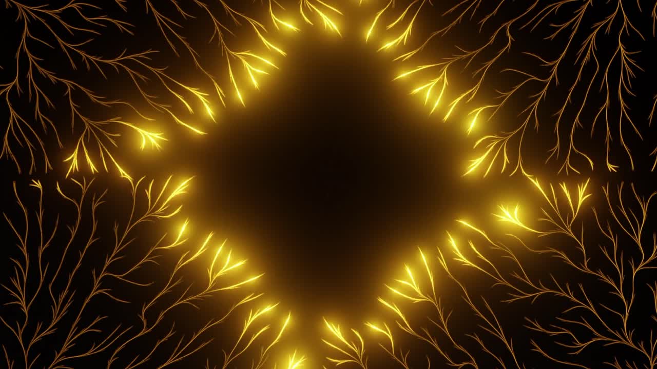 Glowing yellow neural branch pattern radiating symmetrically from dark center. Abstract energy flow, digital connectivity and futuristic network concept.Fractal-style illustration with copy space