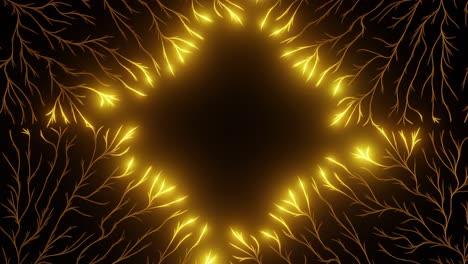 Glowing yellow neural branch pattern radiating symmetrically from dark center. Abstract energy flow, digital connectivity and futuristic network concept.Fractal-style illustration with copy space