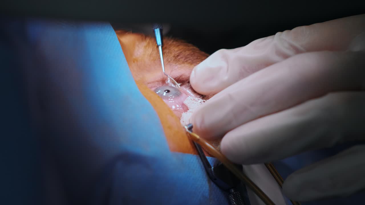 corrección de la visión con láser. un paciente y un equipo de cirujanos en la sala de operaciones durante una cirugía oftalmológica. especulo del párpado. tratamiento de lasik. paciente bajo una cubierta estéril