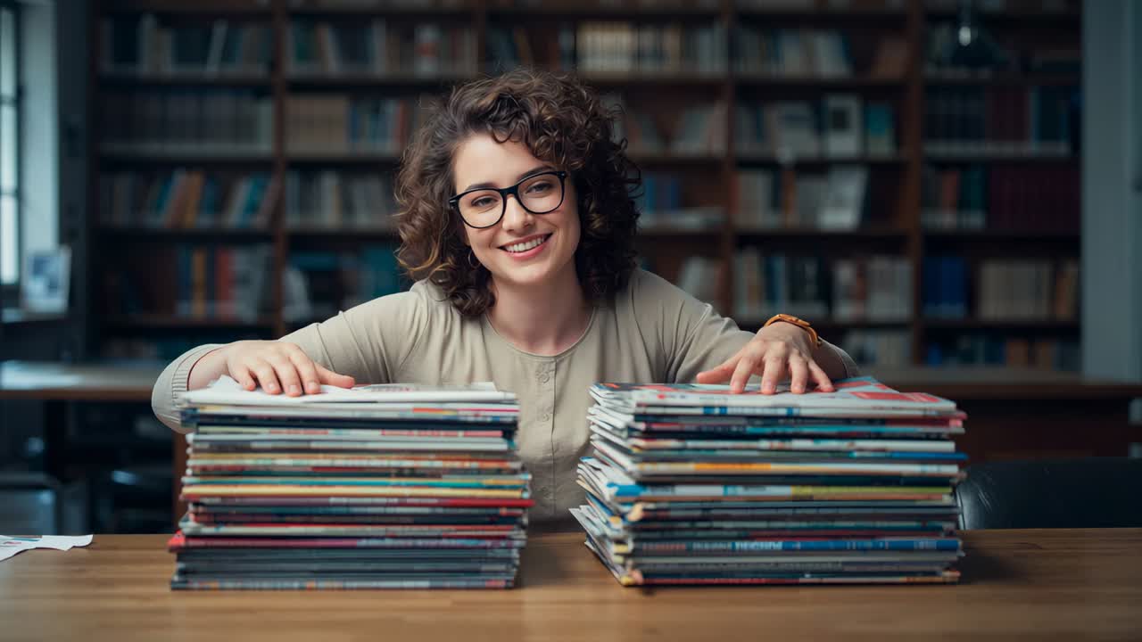 Camera focusing, smiling woman aligning magazine stacks at library table, organizing periodicals