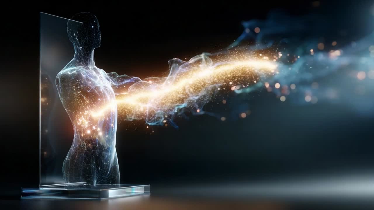 A stunning visualization of a human figure emerging from a transparent barrier, radiating energy and vibrant colors that represent the fusion of physical and metaphysical realms, showcasing creativity and imagination