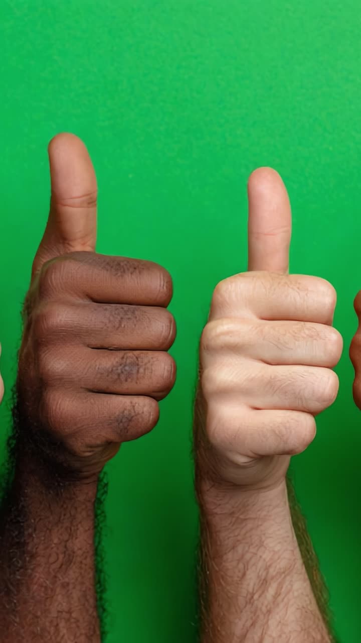 Celebrazione di unità e diversità: primo piano di mani diverse che alzano i pollici verso l'alto su uno sfondo verde brillante, catturando vibrazioni positive e gesti di supporto