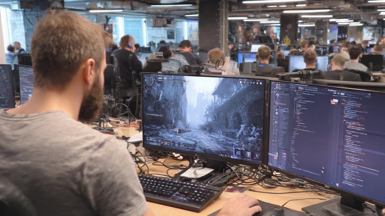 A Focused Gamer Engaged in Immersive Gameplay at a Thriving Tech Hub Surrounded by Fellow Enthusiasts in a Dynamic Work Environment