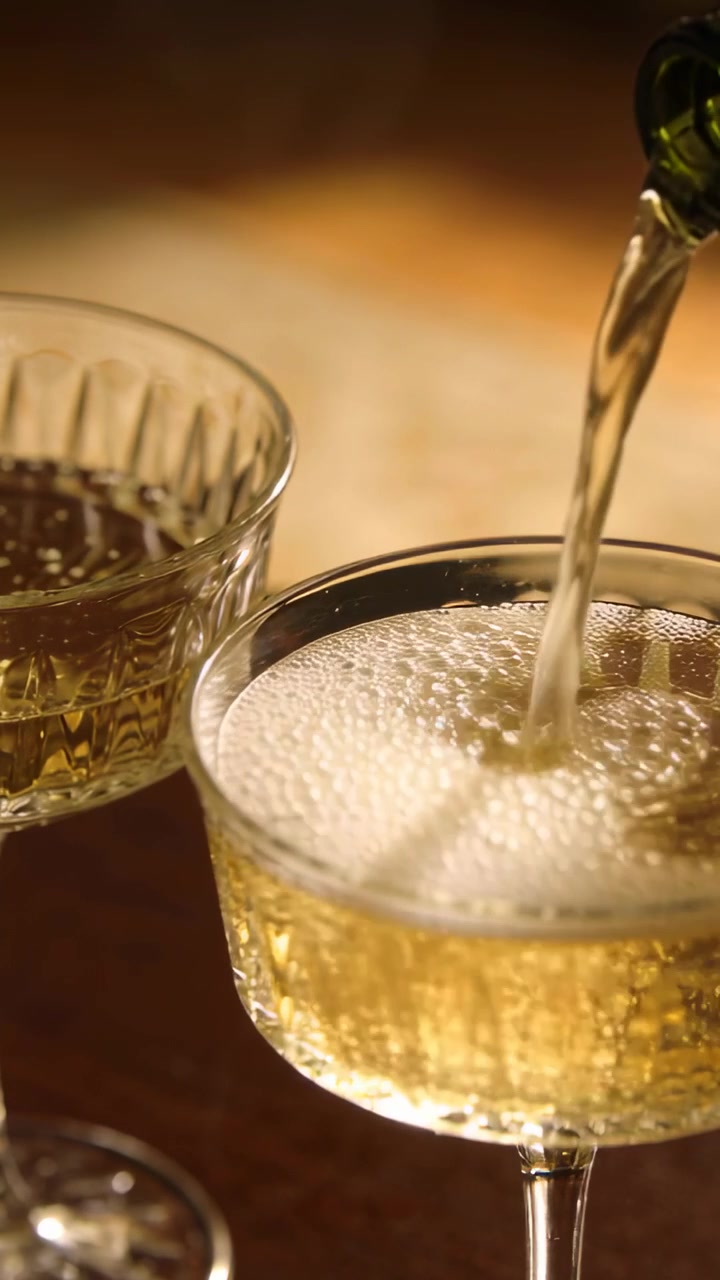 Video verticale: Bottiglia che si inclina versando, riempiendo una coppa da servire a un tavolo da bar poco illuminato, con un tumbler a sinistra.
