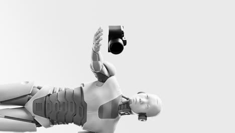 prototipo de robot cibernético humanoide prototipo sosteniendo una cámara digital de fotografía, inteligencia artificial en el campo artístico animación de renderización 3d vertical