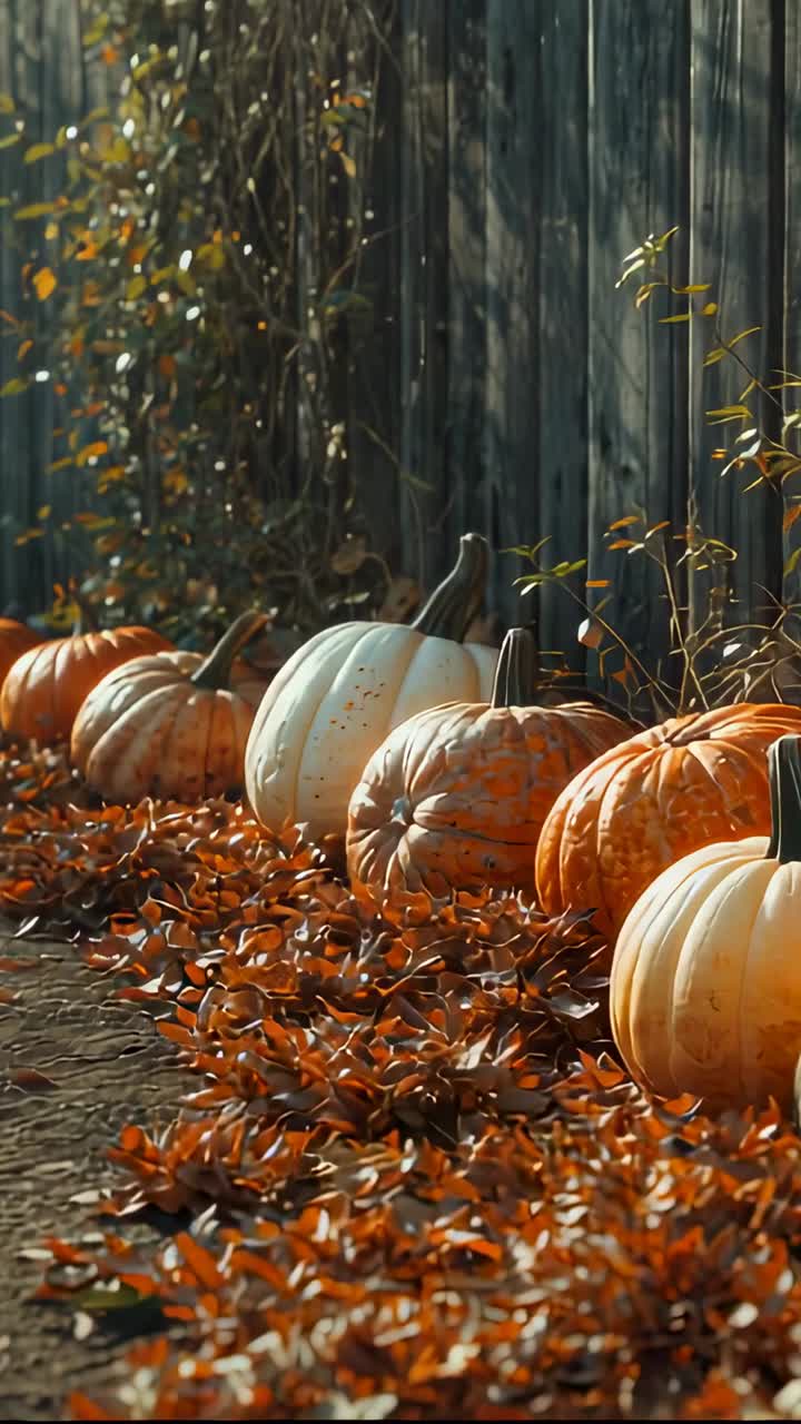 Vertical video: Panning camera revealing pumpkins on leaf-strewn ground by wooden fence, autumn