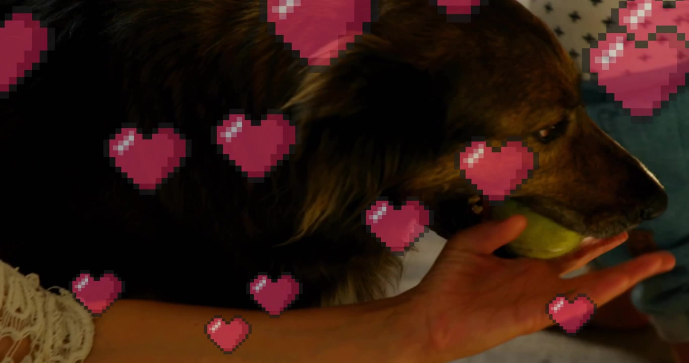 Cachorro marrom segurando bola verde, corações rosa flutuando, bebê alcançando adulto entregando a uma criança em educação