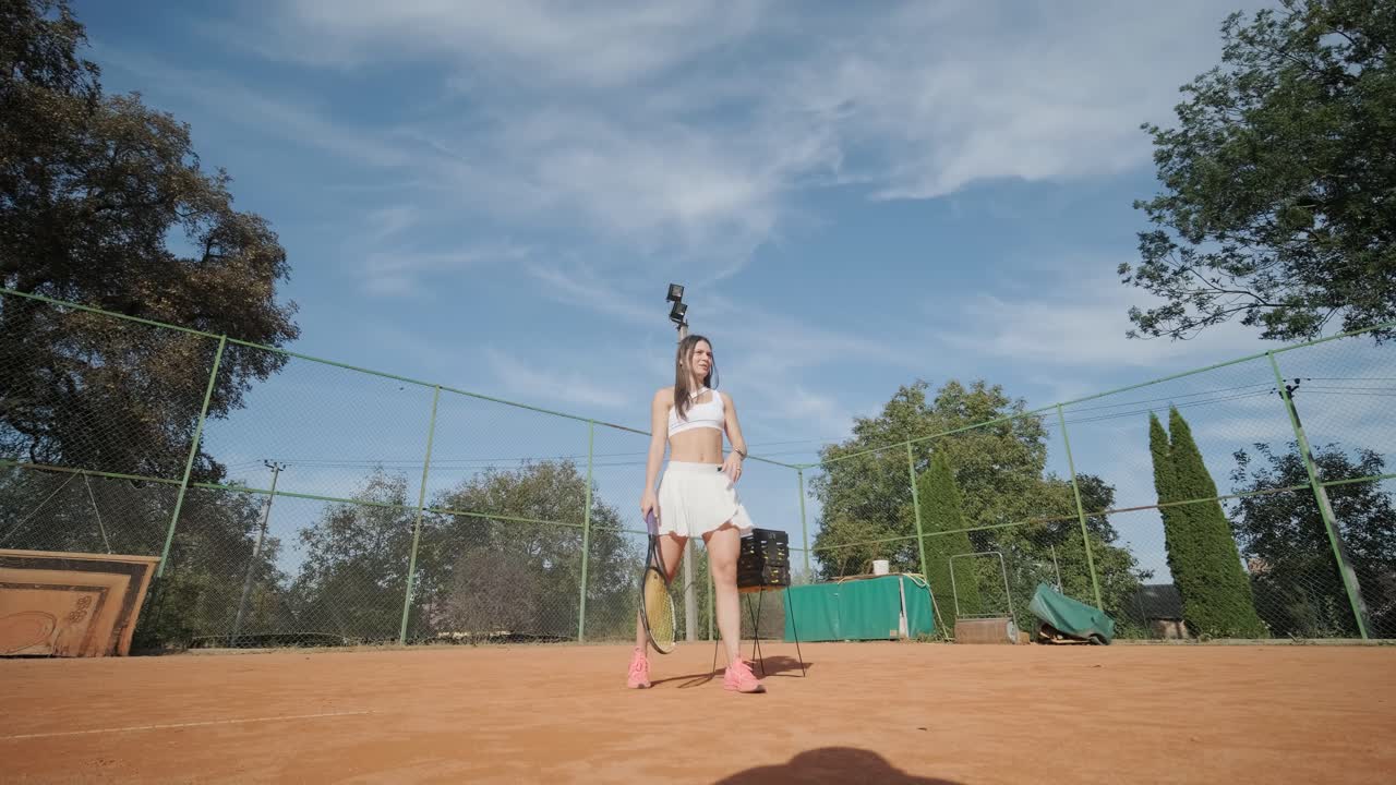 아름다운 테니스 소녀가 야외 코트에서 을 연습하고 있습니다.