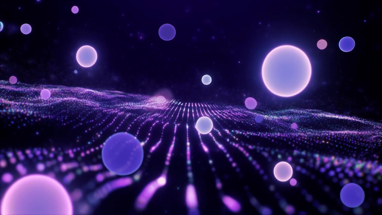 Sfondo astratto con onde digitali e sfere luminose fluttuanti
