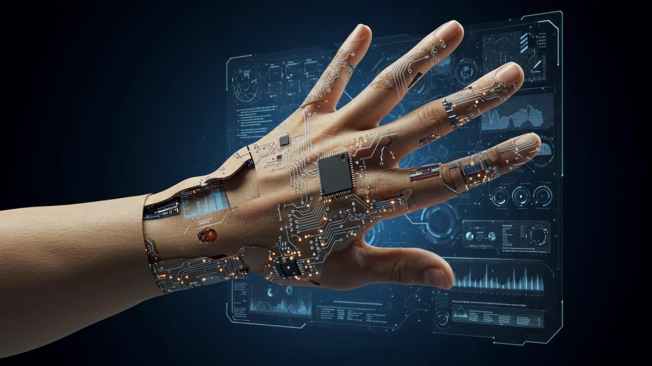 Innovative fusion of technology and biology with a robotic hand showcasing advanced circuitry and data visualization