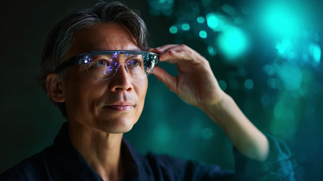 An individual adjusting high-tech augmented reality glasses, reflecting a blend of modern innovation and immersive technology, set against a captivating, illuminated background that enhances the futuristic experience